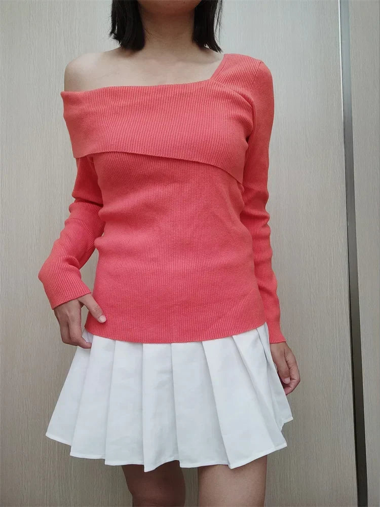 Off Shoulder Irregular Neck Long Sleeve Ribbed Knitted T-Shirts Pink / Xs