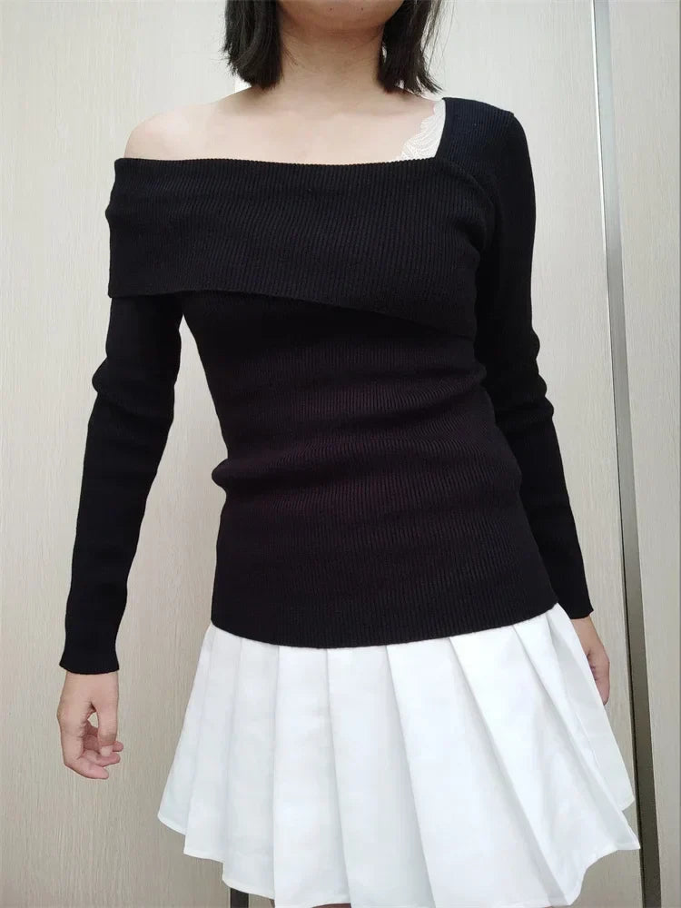Asymmetric Fold Over Off Shoulder Ribbed Knit Long Sleeve Top