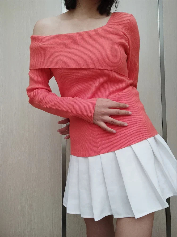 Asymmetric Fold Over Off Shoulder Ribbed Knit Long Sleeve Top 6