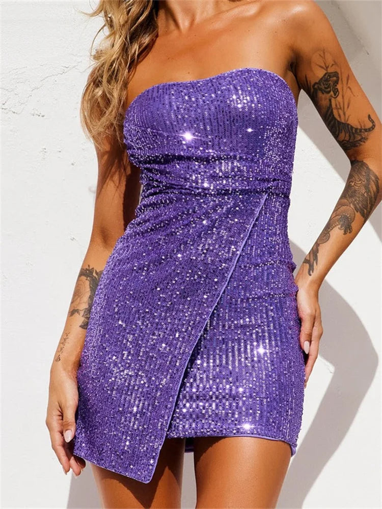 Strapless Sequin Wrap Hem Bodycon Mini Dress