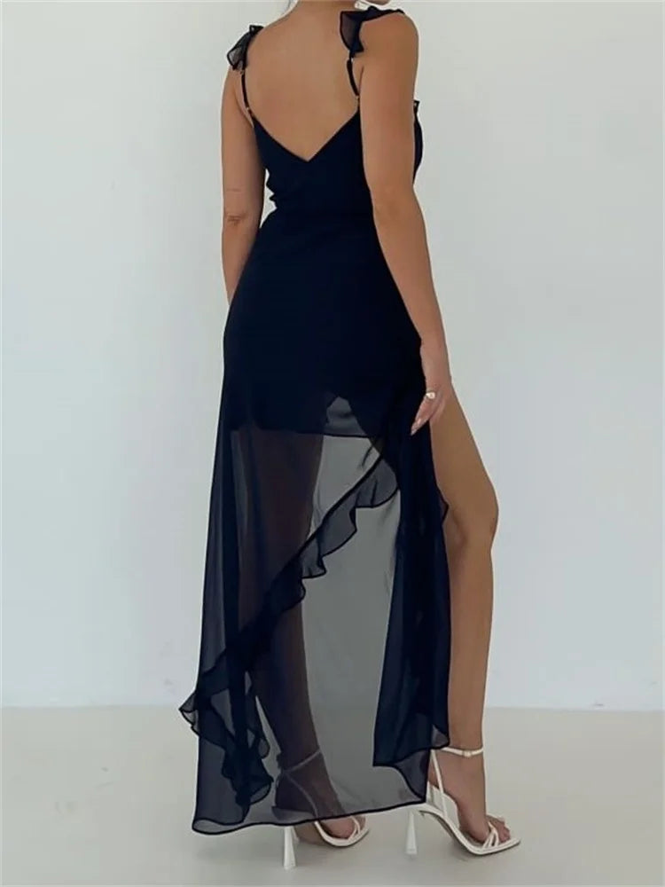 Women Sleeveless Ruffles V Neck High Split Party For Cocktail Streetwear