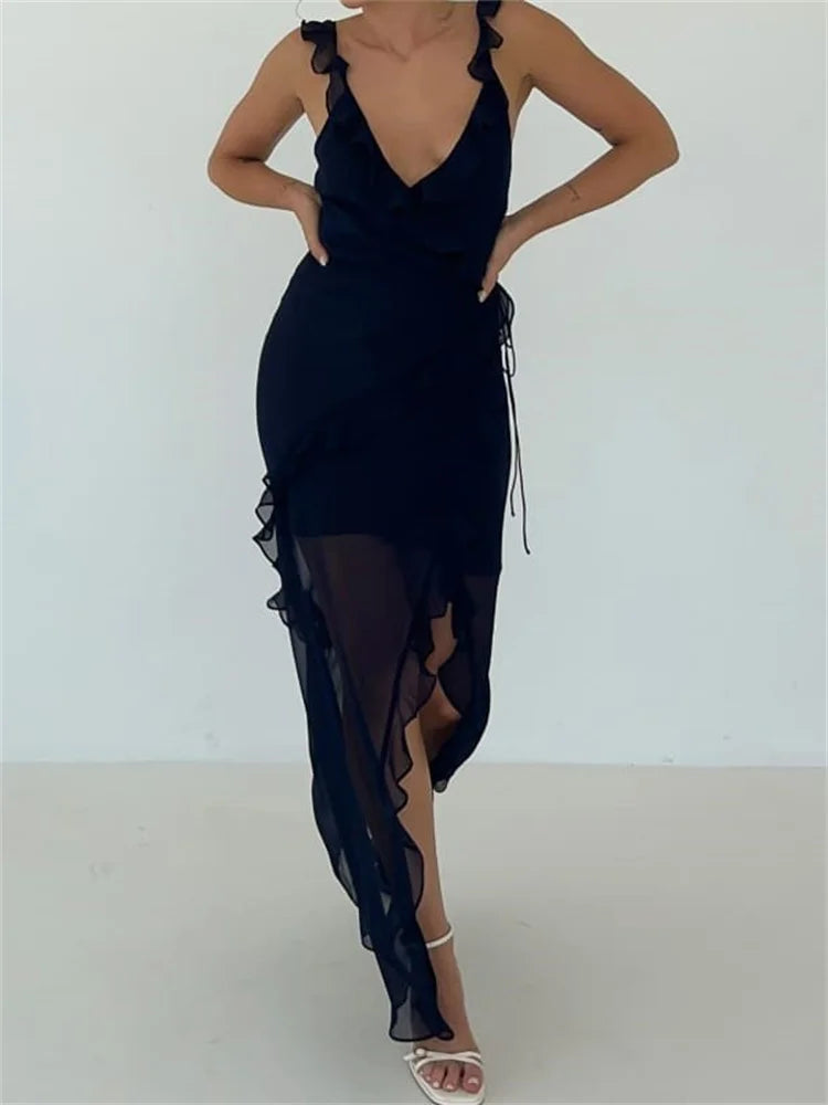 Women Sleeveless Ruffles V Neck High Split Party For Cocktail Streetwear