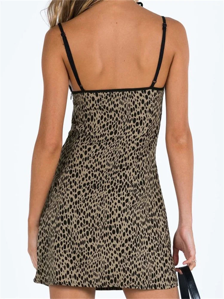 Spaghetti Strap Sleeveless Leopard Print Party Mini Dress