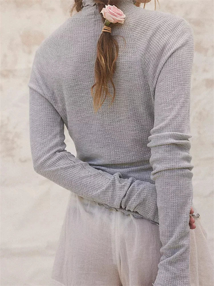 Mock Neck Long Sleeve Waffle Knit Lettuce Hem Top 5