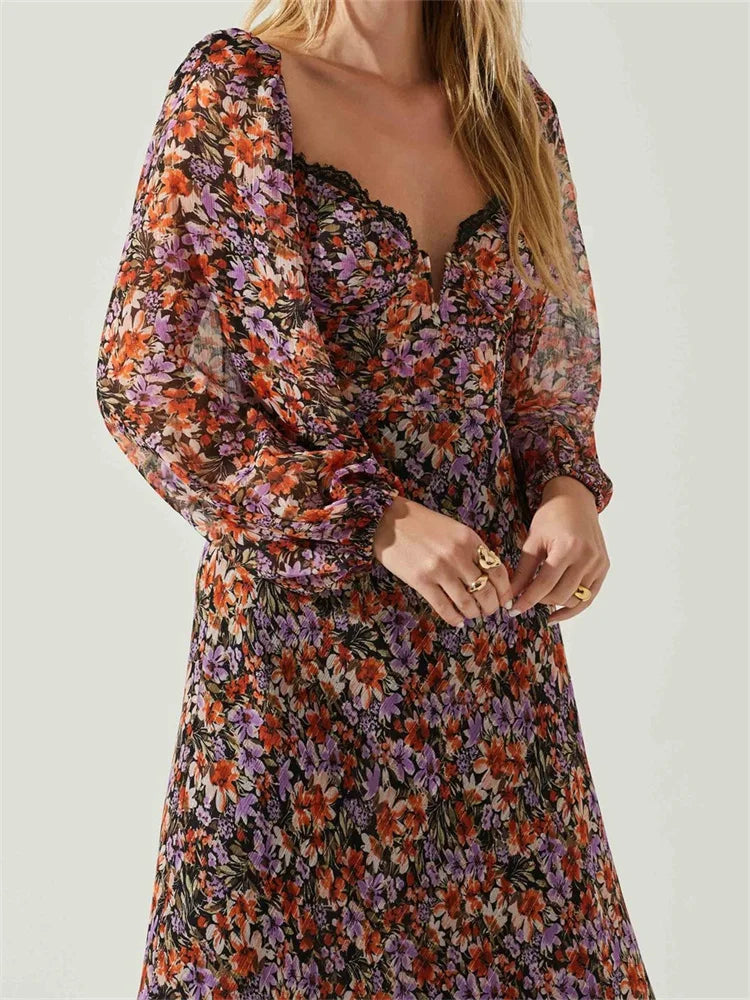 Vintage Washed Backless Deep V-Neck Floral Midi Dress