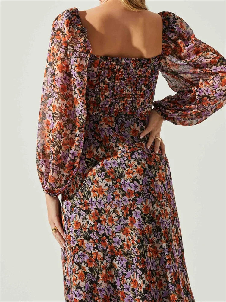 Vintage Washed Backless Deep V-Neck Floral Midi Dress