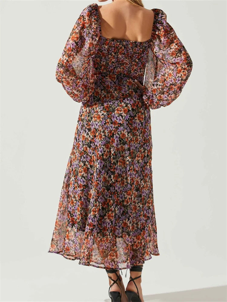 Vintage Washed Backless Deep V-Neck Floral Midi Dress