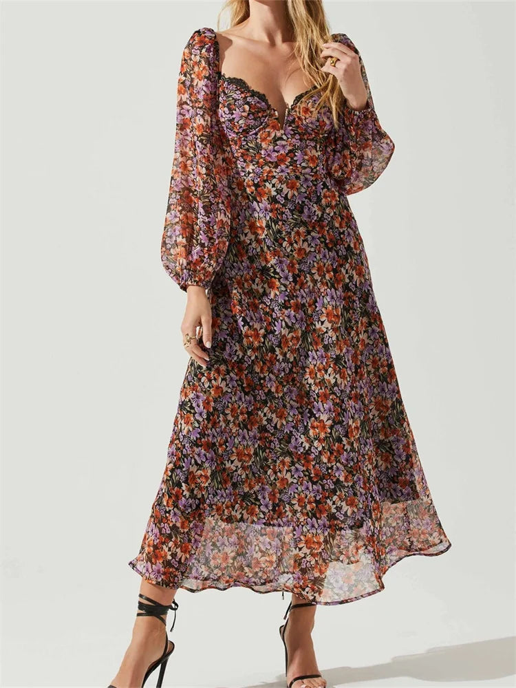 Vintage Washed Backless Deep V-Neck Floral Midi Dress