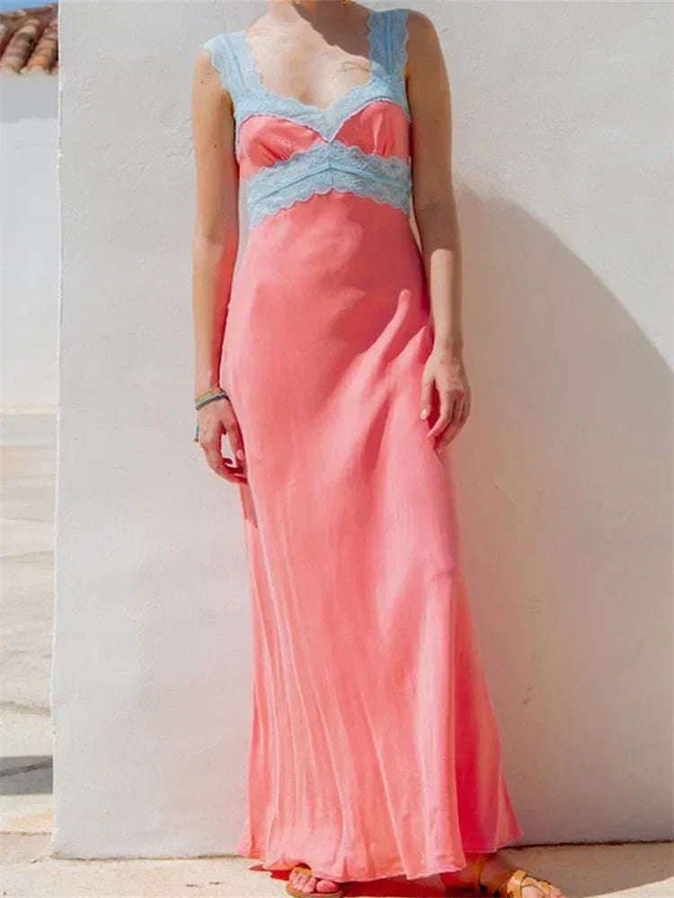 Satin Contrast Lace Trim V-Neck Sleeveless Empire Waist Maxi Dress