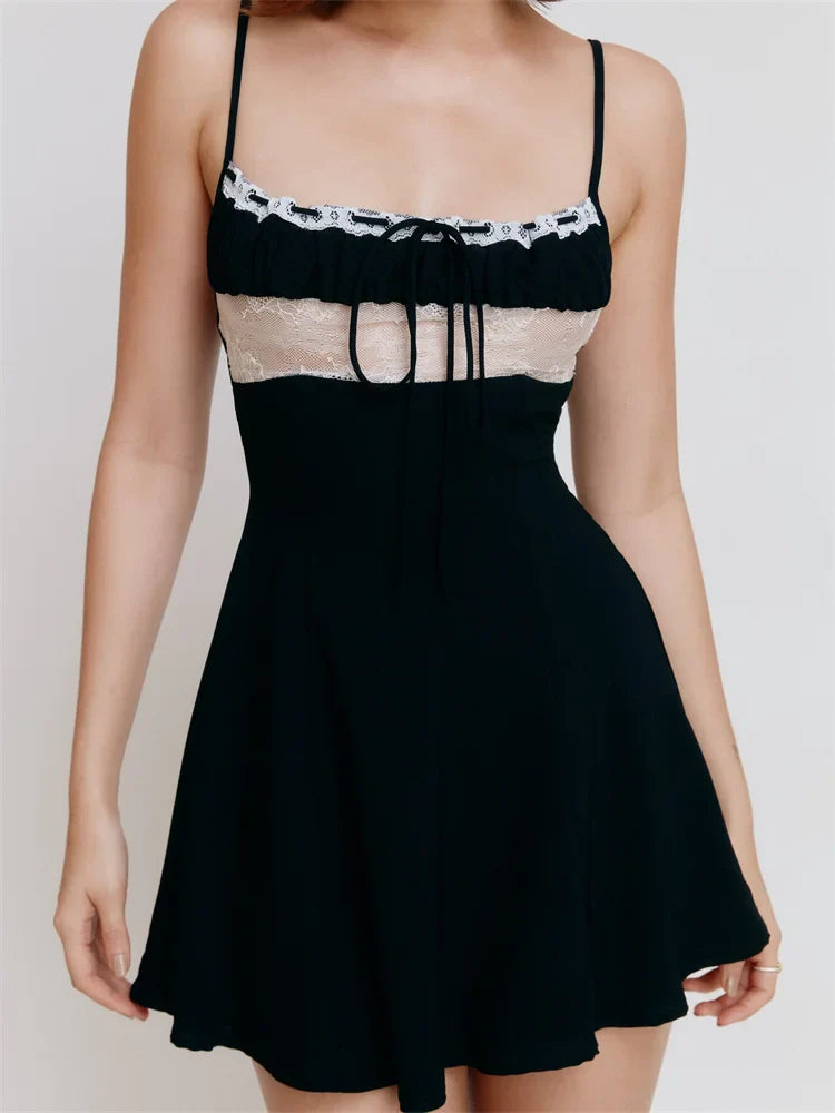 Square Neck Spaghetti Strap Lace Panel Tie Front A-Line Mini Dress