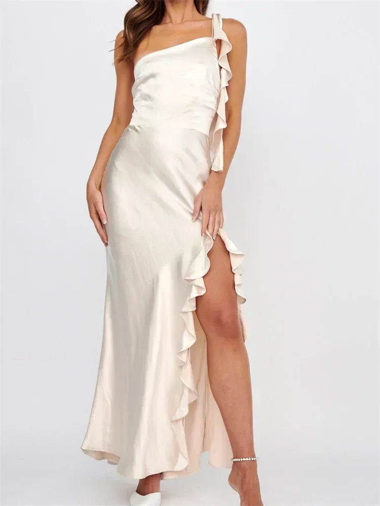 Satin One Shoulder Tie Strap Ruffle Trim High Split Maxi Dress