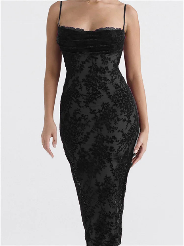 Floral Mesh Spaghetti Strap Bodycon Midi Dress