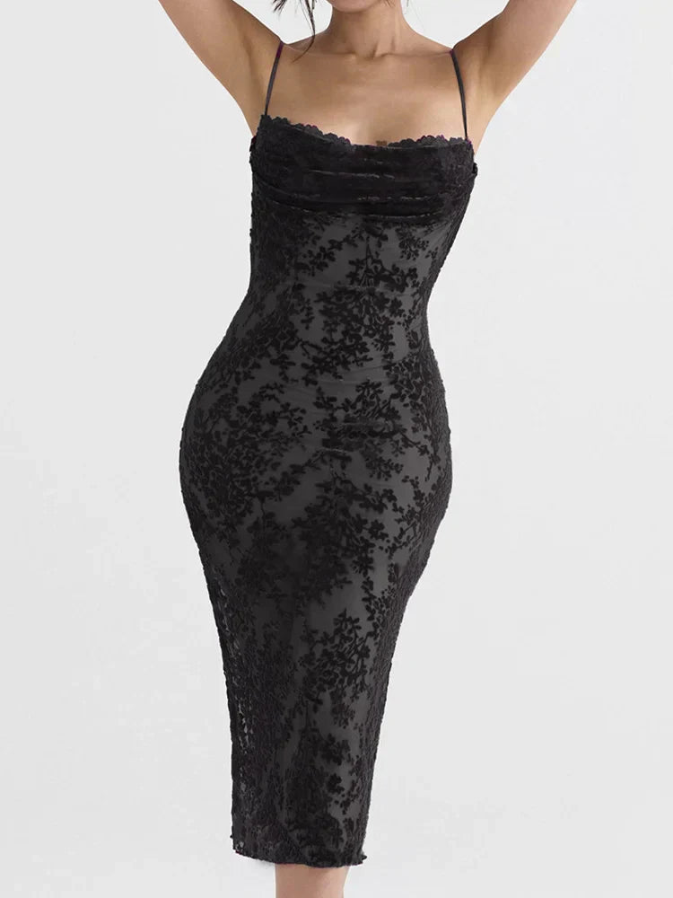 Floral Mesh Spaghetti Strap Bodycon Midi Dress
