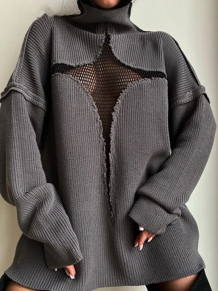 JuliaFashion Y2K Spring Autumn Hollow Out Knitwear Mesh Patchwork Long Sleeve High Neck Ribbed Knitted Pullovers Sweater