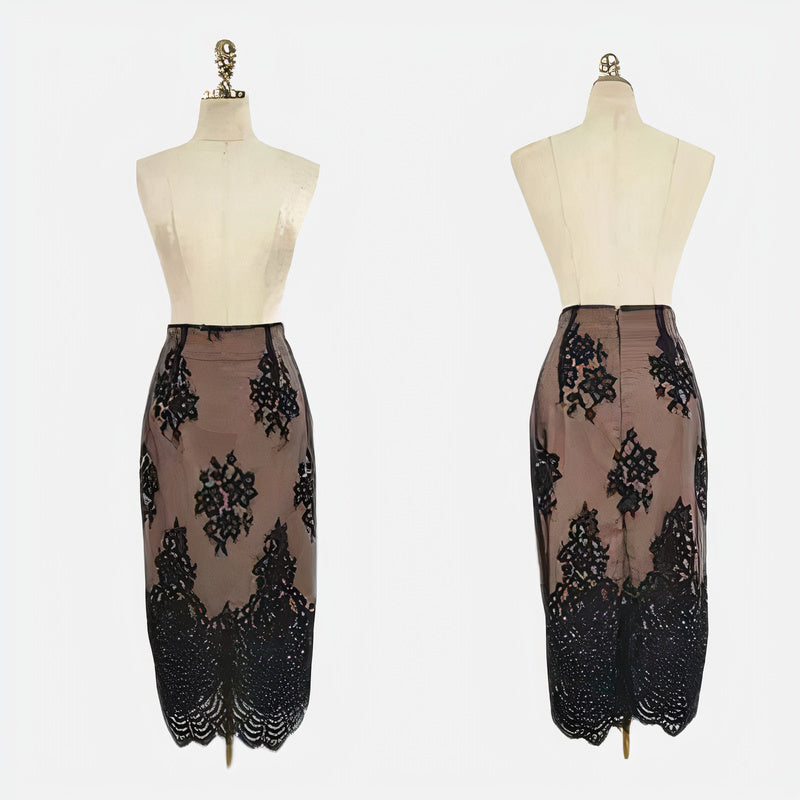Lace Round Neck Long Sleeve Sheer Bodycon Midi Dress