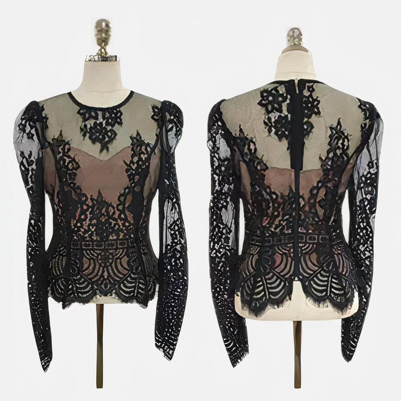 Lace Round Neck Long Sleeve Sheer Bodycon Midi Dress