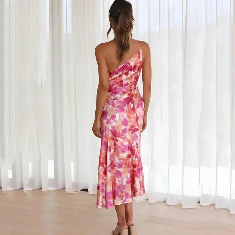 Floral Print One Shoulder Ruched Bodice Mermaid Midi Dress