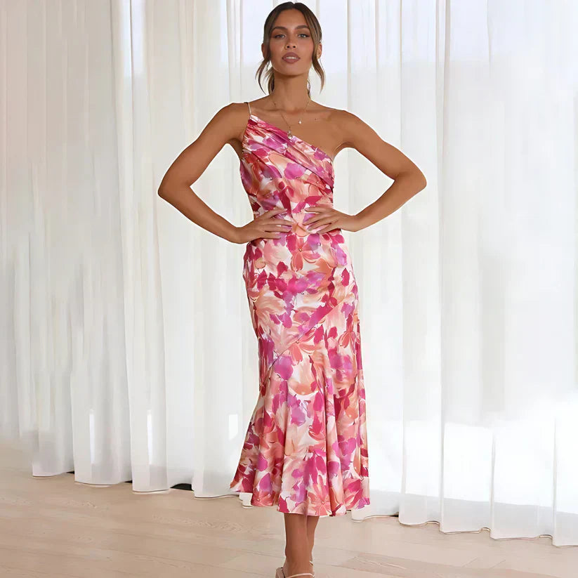Floral Print One Shoulder Ruched Bodice Mermaid Midi Dress
