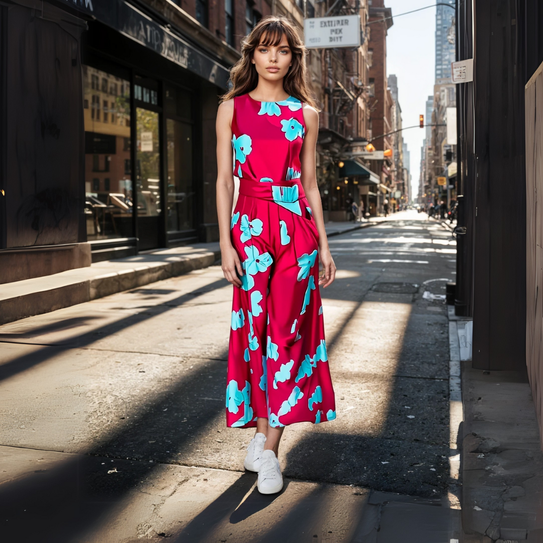 Floral Print Round Neck Sleeveless Wide Leg Two Piece Set