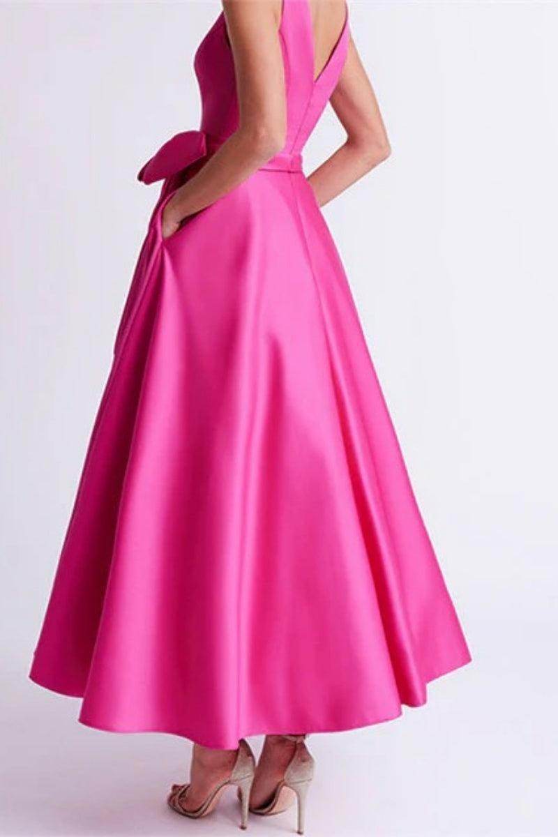 Satin V-Neck Sleeveless Bow Waist A-Line Maxi Dress 2