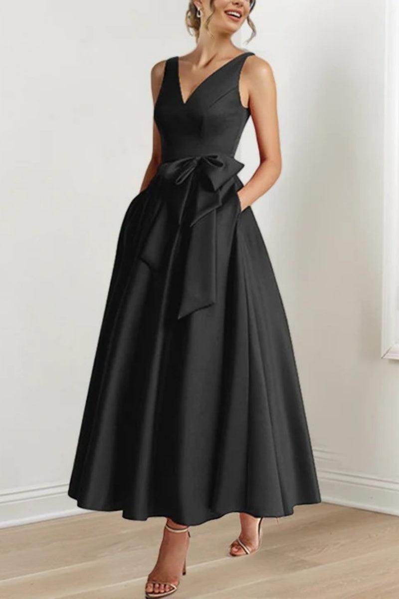 Satin V-Neck Sleeveless Bow Waist A-Line Maxi Dress 59