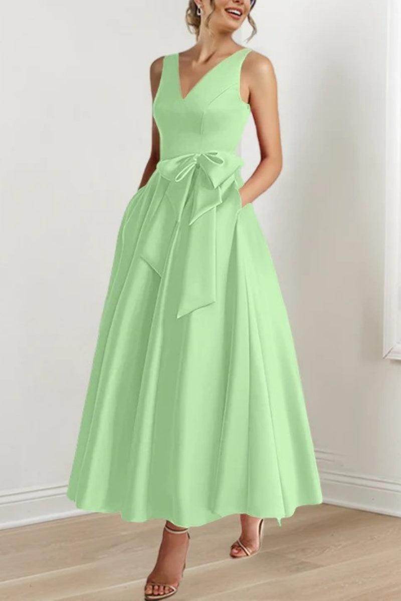 Satin V-Neck Sleeveless Bow Waist A-Line Maxi Dress 53