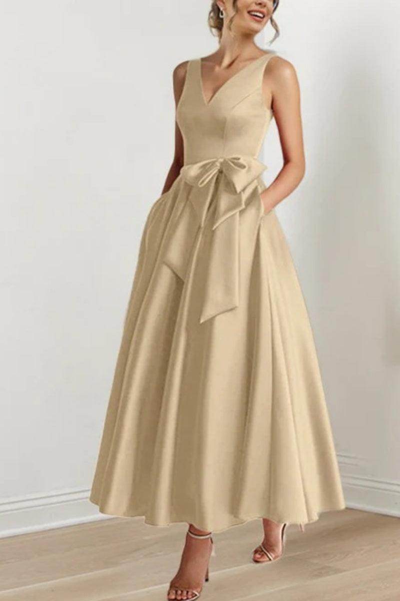 Satin V-Neck Sleeveless Bow Waist A-Line Maxi Dress 52