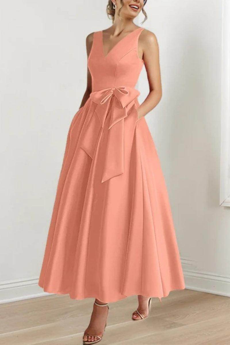 Satin V-Neck Sleeveless Bow Waist A-Line Maxi Dress 49