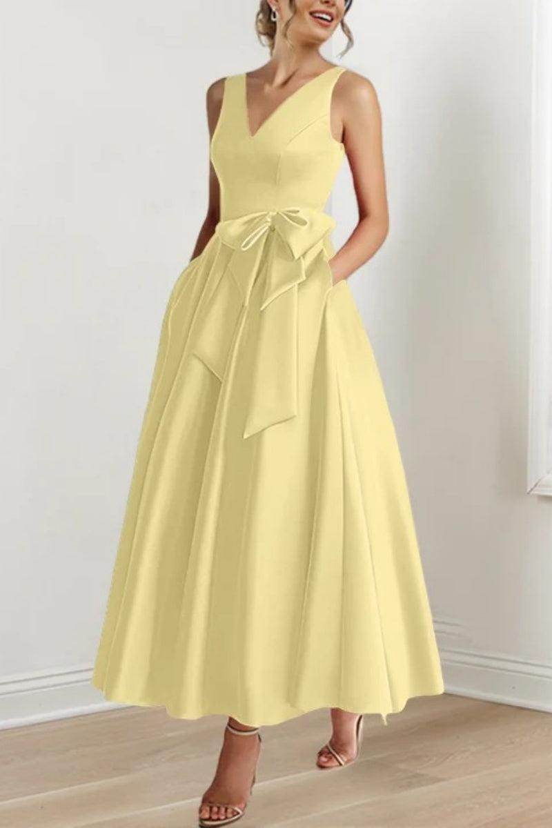 Satin V-Neck Sleeveless Bow Waist A-Line Maxi Dress 50