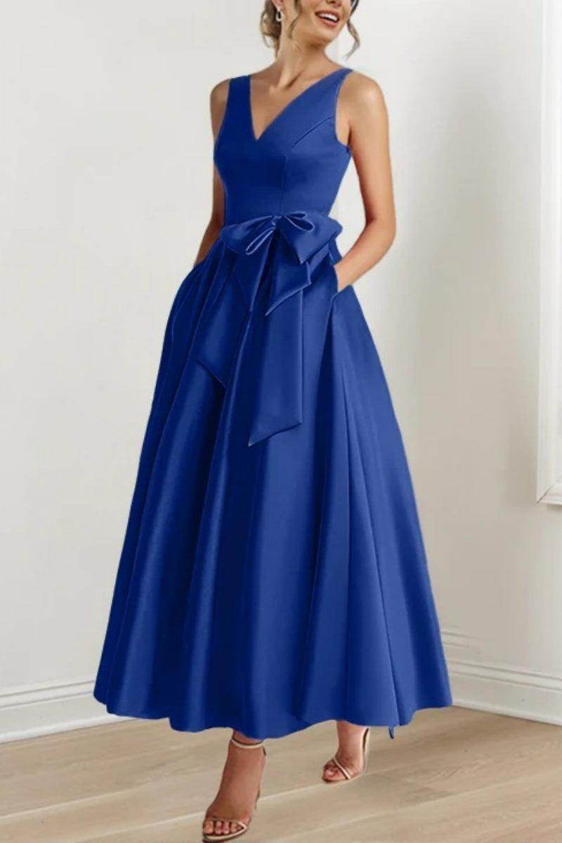 Satin V-Neck Sleeveless Bow Waist A-Line Maxi Dress 43