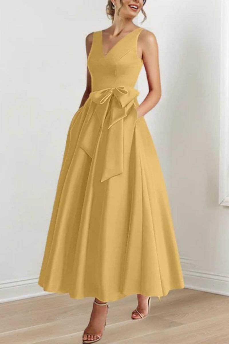Satin V-Neck Sleeveless Bow Waist A-Line Maxi Dress 36
