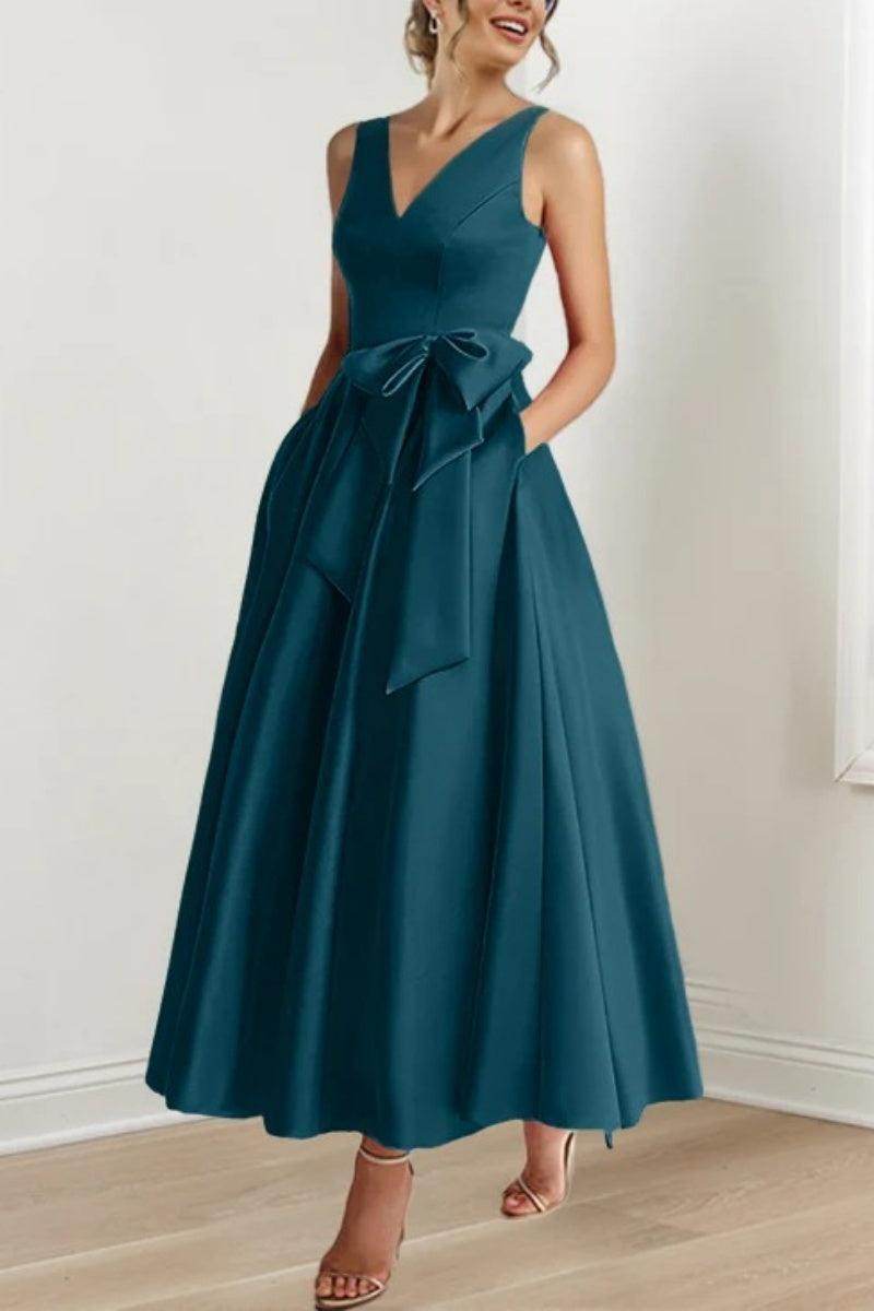 Satin V-Neck Sleeveless Bow Waist A-Line Maxi Dress 39