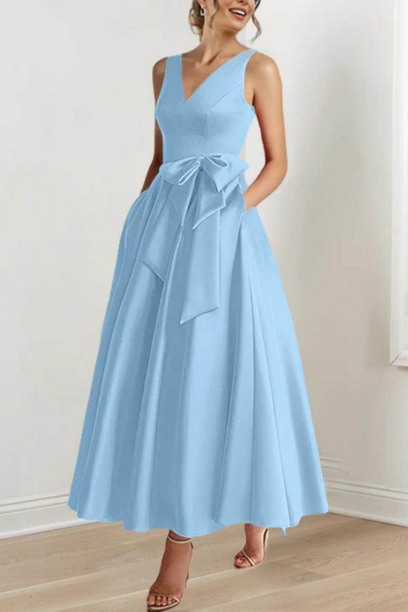 Satin V-Neck Sleeveless Bow Waist A-Line Maxi Dress 30