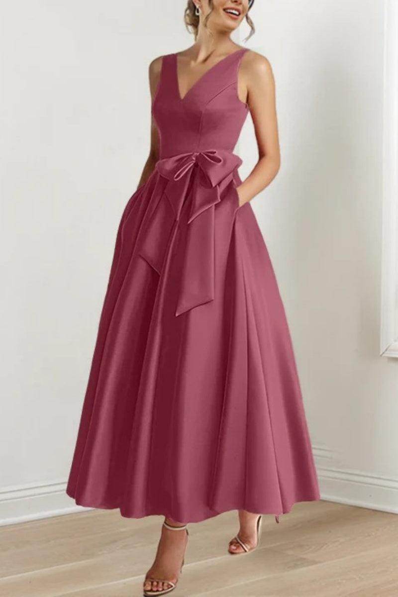 Satin V-Neck Sleeveless Bow Waist A-Line Maxi Dress 22