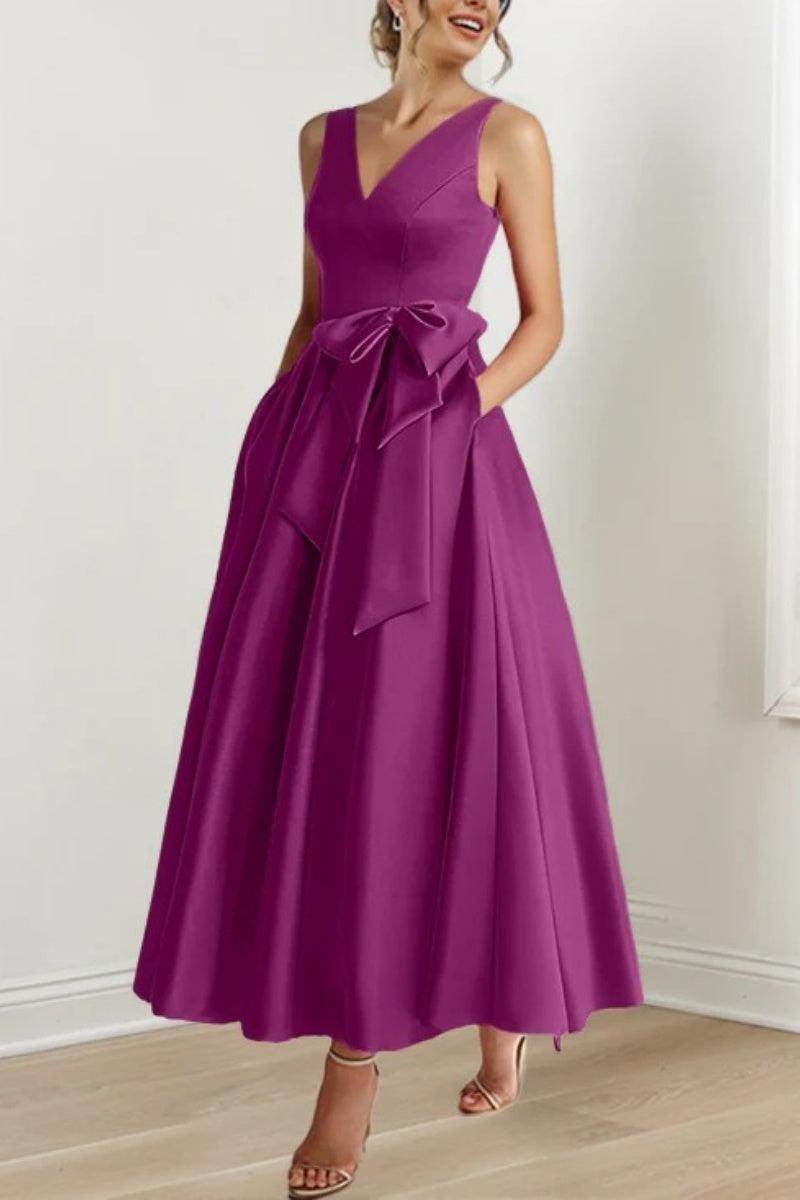 Satin V-Neck Sleeveless Bow Waist A-Line Maxi Dress 25