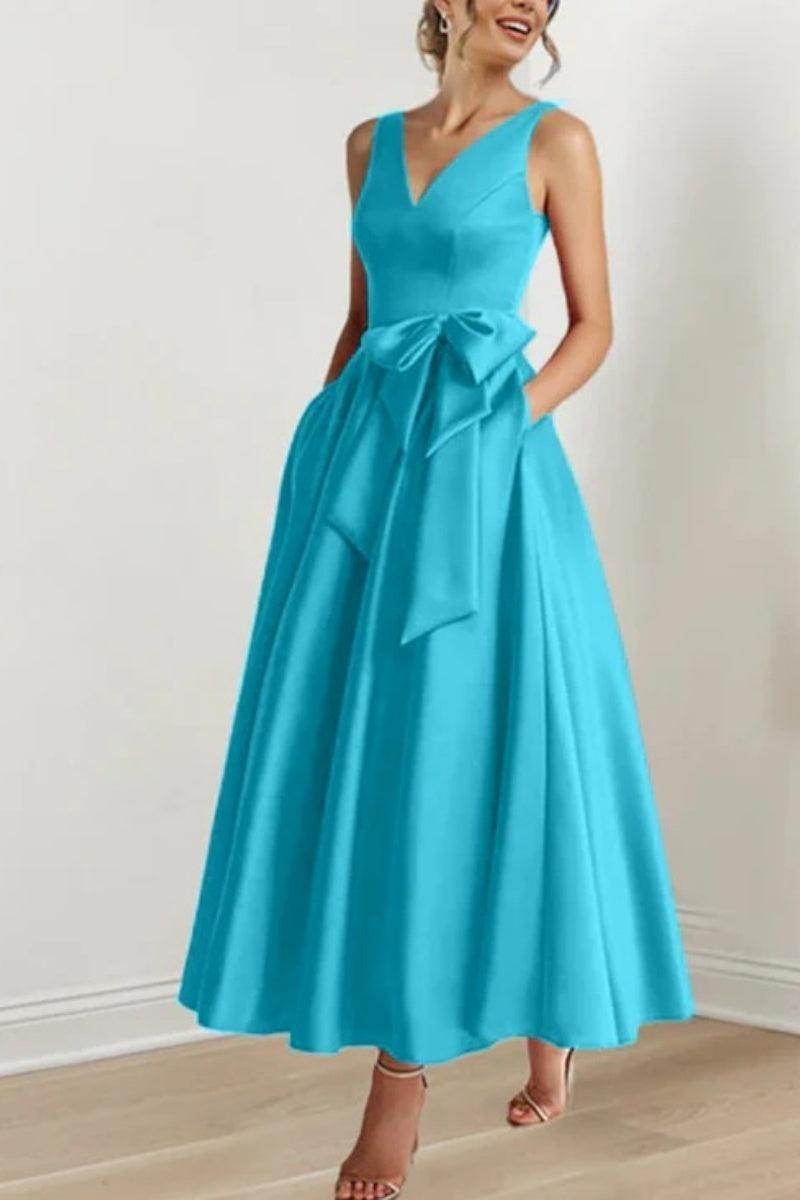 Satin V-Neck Sleeveless Bow Waist A-Line Maxi Dress 19