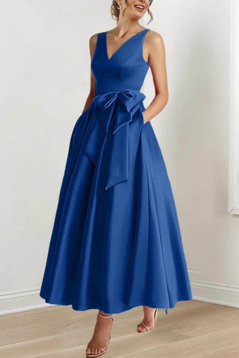 Satin V-Neck Sleeveless Bow Waist A-Line Maxi Dress 16