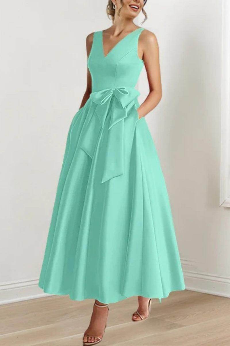 Satin V-Neck Sleeveless Bow Waist A-Line Maxi Dress 13