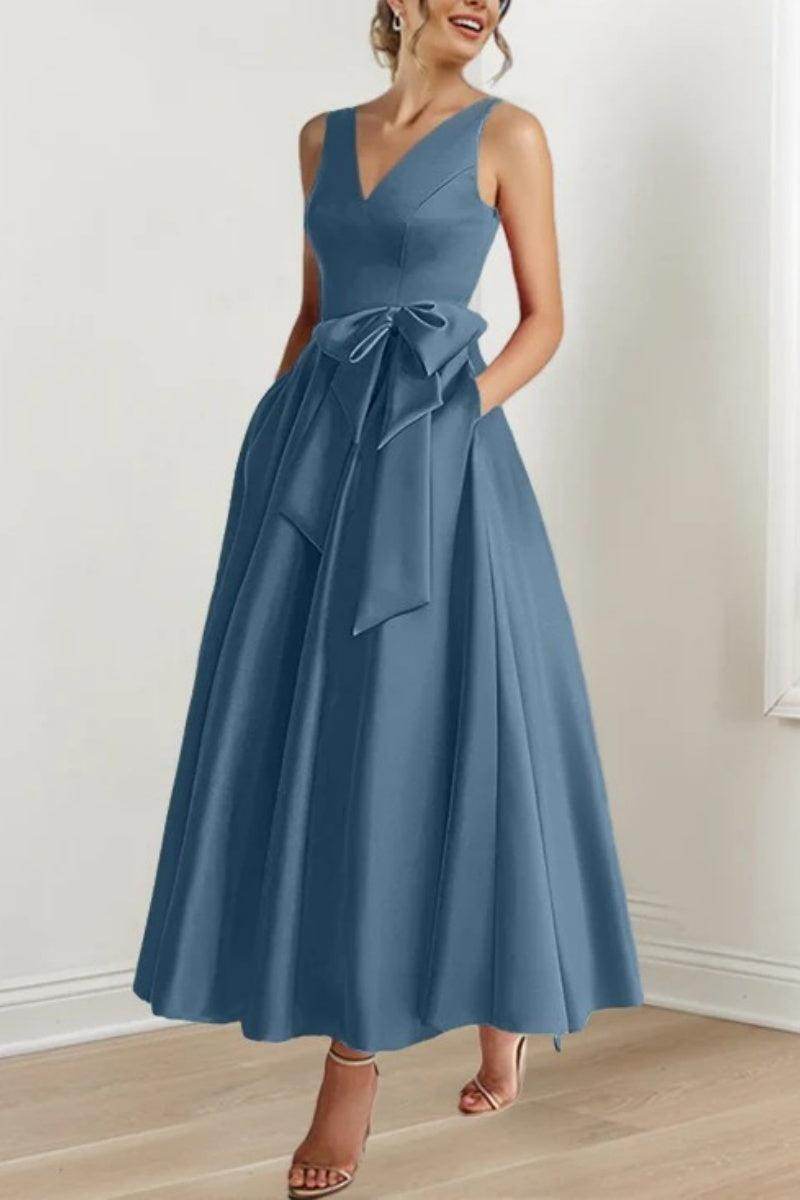 Satin V-Neck Sleeveless Bow Waist A-Line Maxi Dress 14