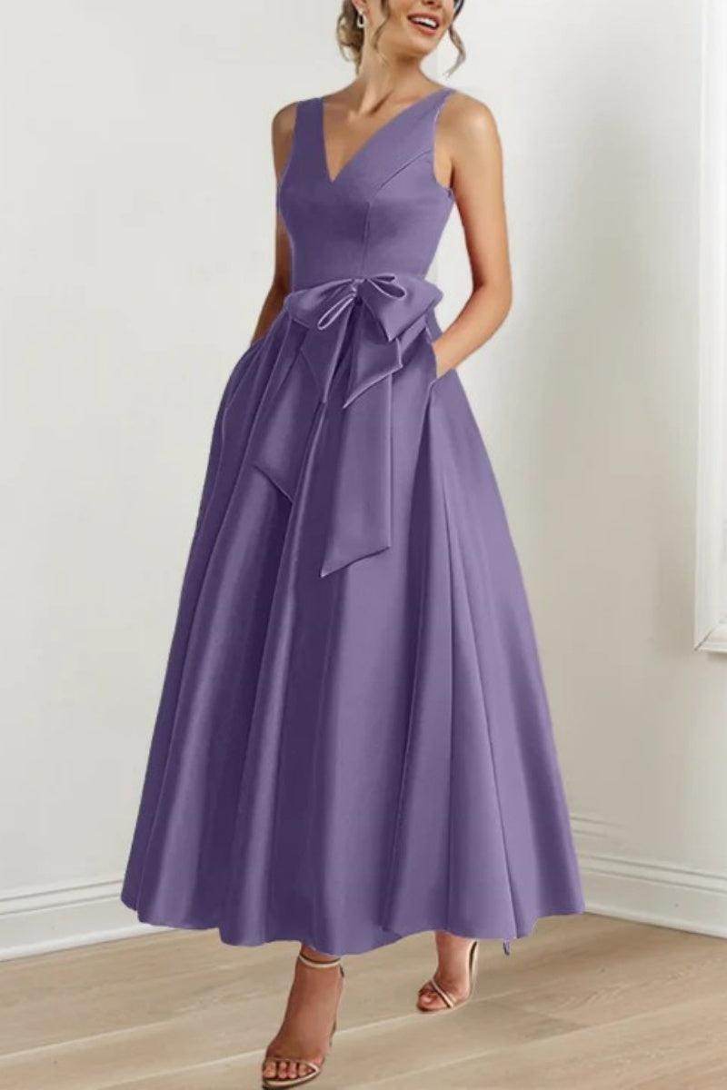 Satin V-Neck Sleeveless Bow Waist A-Line Maxi Dress 15