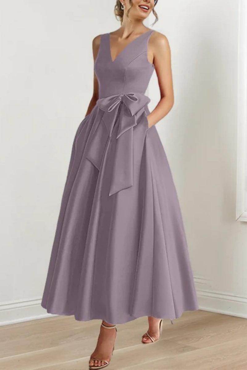 Satin V-Neck Sleeveless Bow Waist A-Line Maxi Dress 5