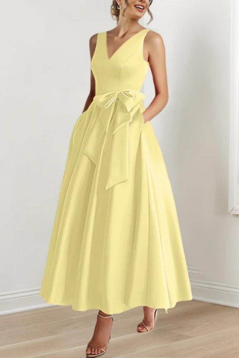 Satin V-Neck Sleeveless Bow Waist A-Line Maxi Dress 4