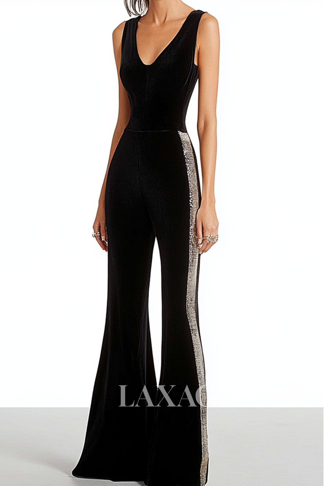 Deep V-Neck Off-Shoulder Sleeveless Straps Beaded Sequined Pleated Satin Jumpsuit