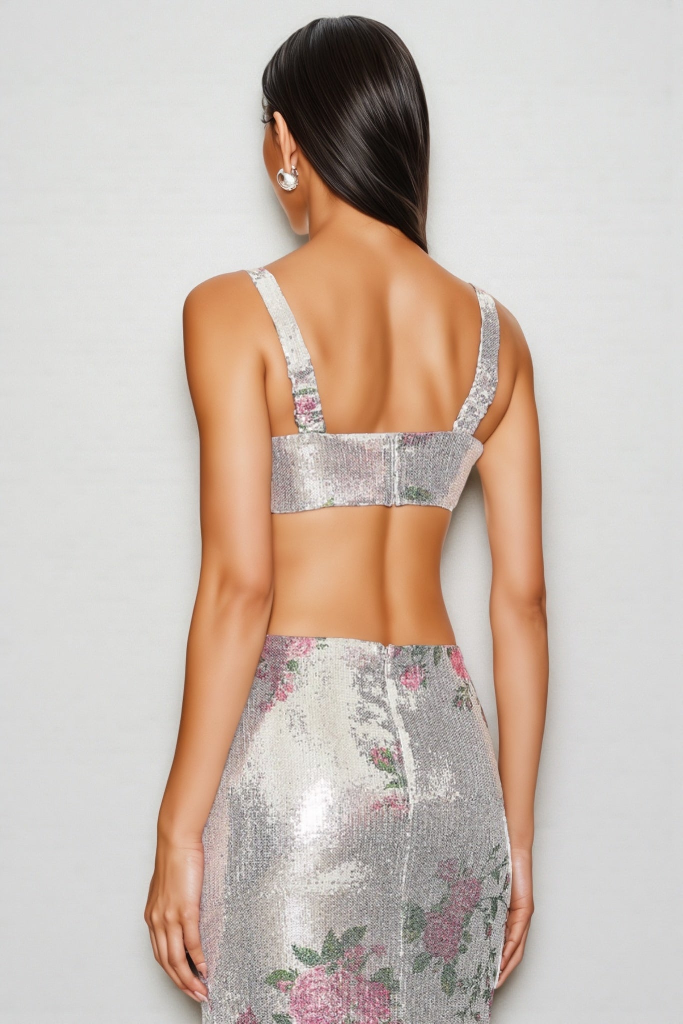 Floral Sequin Bralette Maxi Skirt Two Piece Set