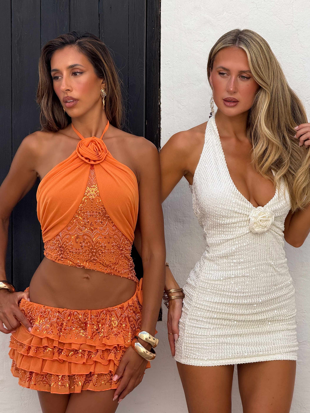 Textured Halter Neck Plunge Rosette Ruched Bodycon Mini Dress 4