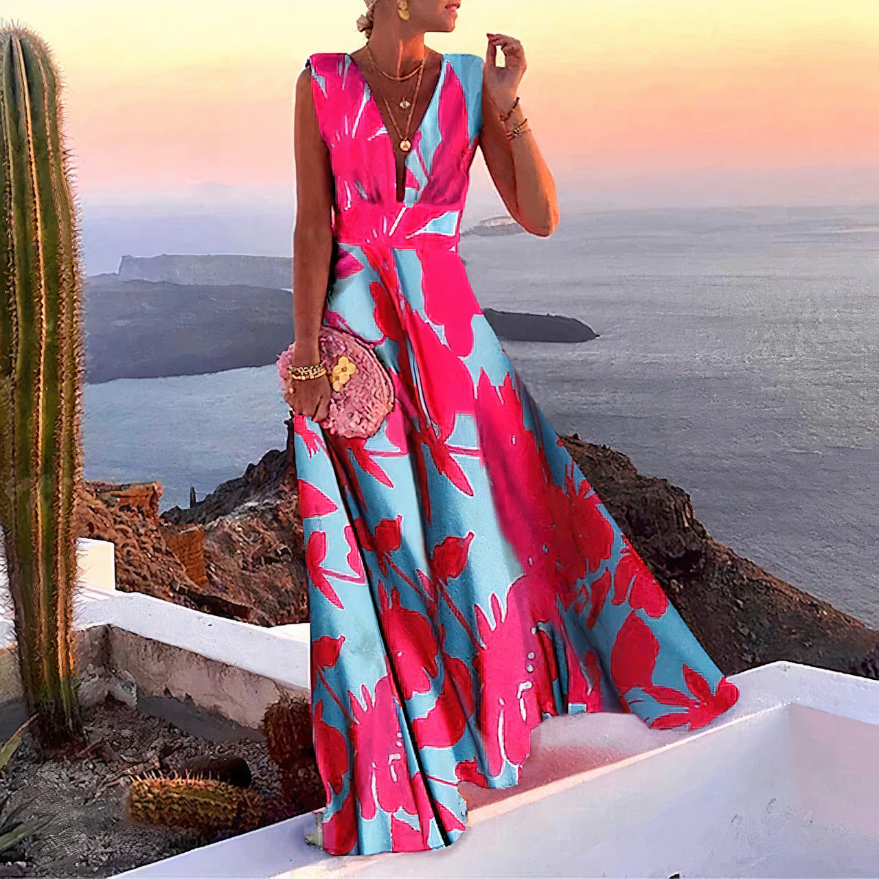 Floral Print Deep V-Neck Spaghetti Strap Flowy Maxi Dress