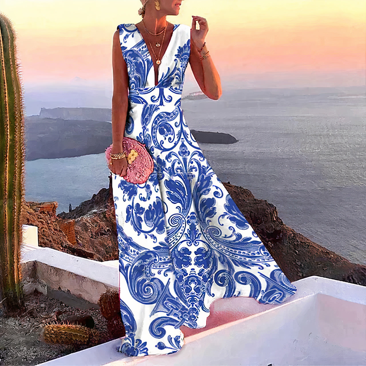 Floral Print Deep V-Neck Spaghetti Strap Flowy Maxi Dress