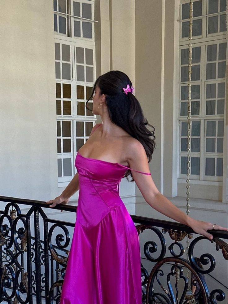 Charming Hot Pink Straps Satin A Line Long Evening Dress Party Dress cc1876