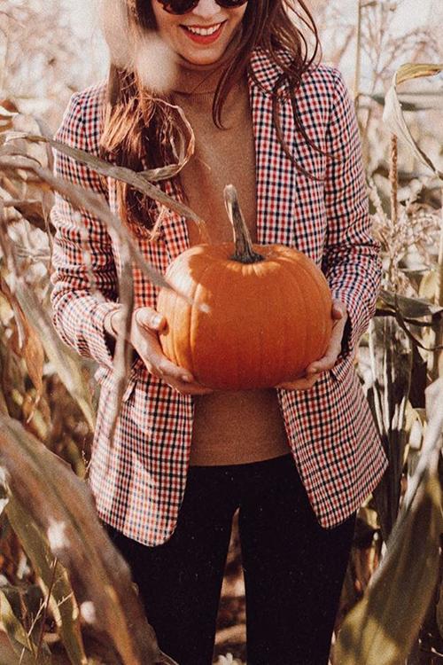 Plaid Button Long Sleeve Blazer