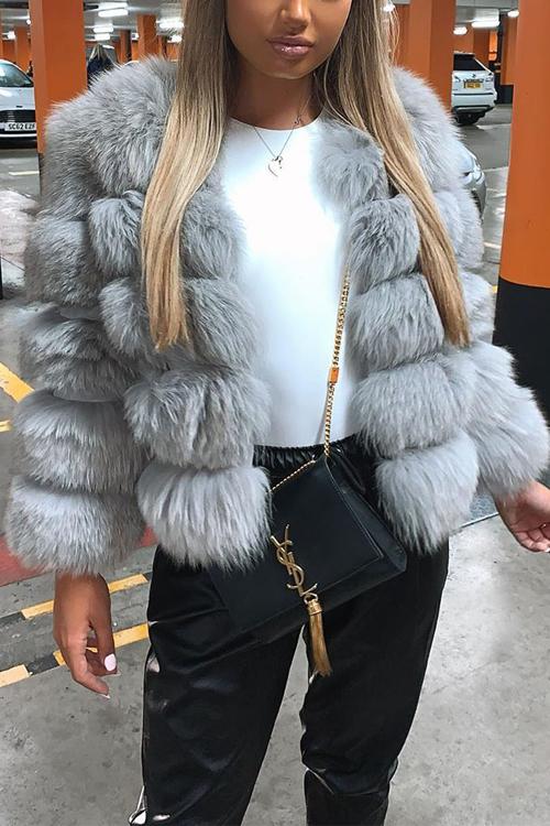 Layer O Neck Faux Fur Coat
